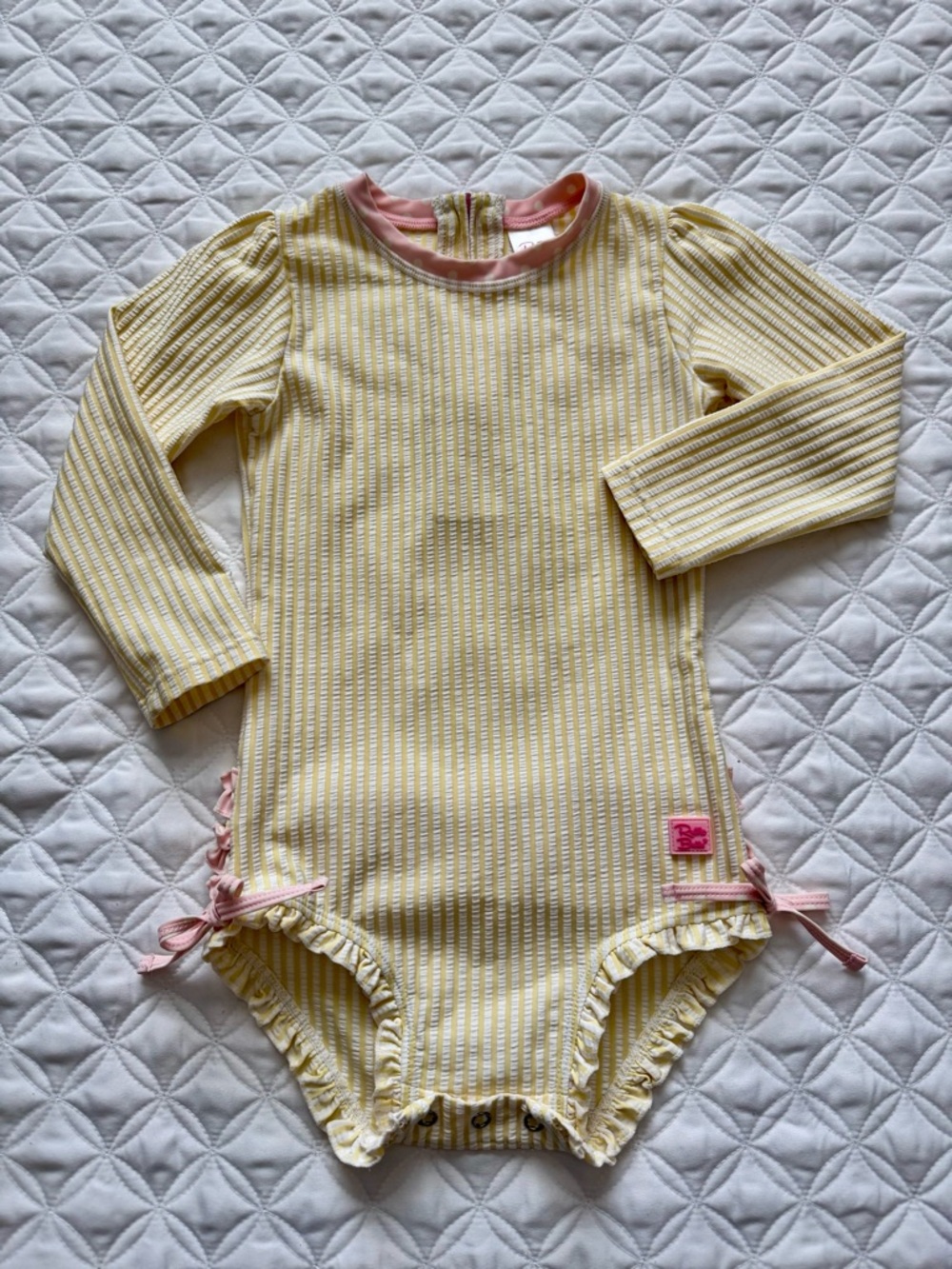 Ruffle Butts Yellow Striped Long-Sleeve One-Piece Swimsuit Pink Ruffles Sz 3T